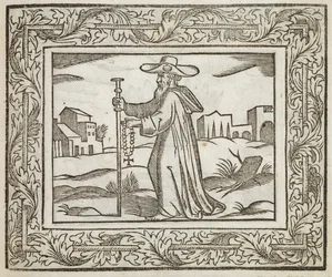 Um homem segurando um cajado e um crucifixo, ilustração de 