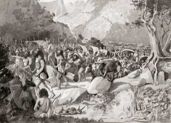 Uma migração de tribos citas através de um passe nos montes da Ásia menor para a Síria, da História das Nações de Hutchinson, pub.1915