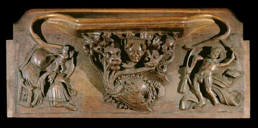Um misericordioso que descreve uma hidra elaboradamente esculpida, simbolizando os sete pecados mortais, incorporando uma cabeça humana realista, New College Chapel, Oxford, final do século XIV (madeira)