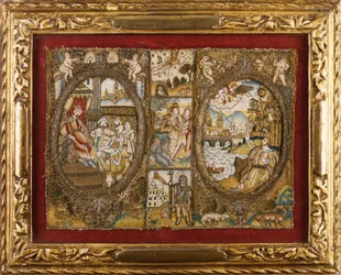 Uma encadernação de livro bordado que retrata cenas religiosas com um rei sentado e um anjo dirigindo-se a um homem à beira de um rio (seda, dourado)