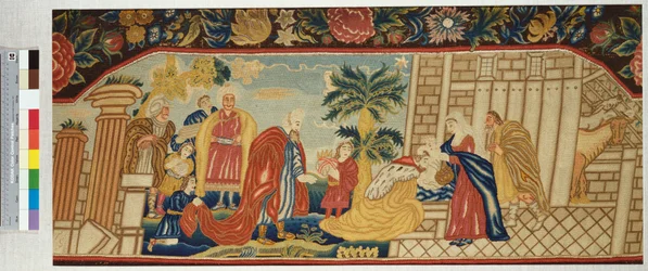 Um assento de sofá com bordado finamente trabalhado em um ponto de barraca representando a Adoração dos Magos, c.1730