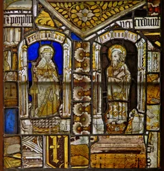 Um painel na janela do leste representando St James com St Paul com a erva de Gromwell acima
