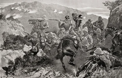 Um piquete de 13º Hussardos surpreendido perto do rio Tugela, Hussar Hill, província de KwaZulu-Natal, durante a Segunda Guerra dos Bóeres, de "South Africa and the Transvaal War", de Louis Creswicke, publicado em 1900 (litografia)