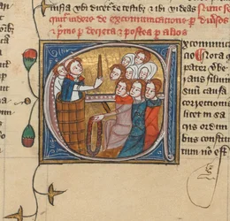 Um padre excomungando pessoas levantando uma vela, Royal MS 6 E VII, f.75v (velino)