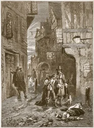 Uma rua em Londres durante a grande praga, ilustração da história ilustrada de Cassells da Inglaterra (foto sépia)