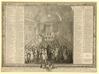 Uma visão da Casa dos Pares, o rei sentado em seu trono, os comuns atendendo a ele no final da sessão 17412
