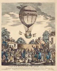 Vista do balão do Sr. Sadler a subir com ele e o Capitão Paget da Marinha Real a partir dos jardins da Mermaid Tavern em Hackney na segunda-feira, 12 de agosto