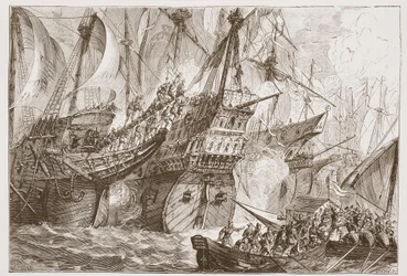 Ação entre a Frota Espanhola e os Navios do Mar Mendigos, ilustração da História do Protestantismo por James Aitken Wylie (1808-1890), pub. 1878