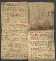 Adicionar. 17367, f.1r do Almanaque, contendo tabela de letras dominicais e algarismos áureos; direções para encontrar as festas móveis; calendário dos Santos, épocas, lista de Soberanos ingleses, prognósticos do tempo, influência dos signos do zodíaco (ve