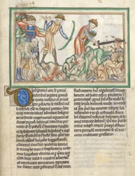 Adicionar 35166 f.35 Pessoas sendo mortas, cenas bíblicas do Apocalipse de São João, Apocalipse em latim com comentários (tinta e cor em pergaminho)