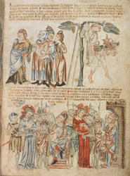 Adicionar. 47682, f.30, Judas devolve as trinta moedas de prata; a morte de Judas; Cristo diante de Pilatos e diante de Herodes, do Holkham Bible Picture Book, c.1320-30 (velino)