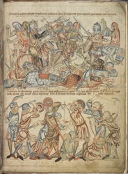 Aditamento 47682 f.40 Pares e plebeus lutando na batalha de Bannockburn, da "Bíblia de Holkham", c.1320-30 (velino)