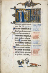 Add. 50000, f.146v Salmo 97; inicial "C", três clérigos a cantar junto de um atril. No pé do fólio, um galo a pregar a uma raposa, do Saltério de Oscott, c. 1265-70