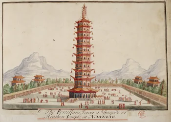 Add. 5353, f.67 A torre de porcelana, um pagode ou templo pagão em Nanquim, de «Coleções de trajes de várias nações»