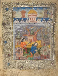 Acrescentar MS 10302 f.37v f. 1r Sete fornos com alambiques, tratados por dois homens, debaixo de um telhado com uma cúpula e chaminés, c.1477 (vellum)