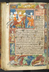 Adicionar MS 47680, f.40v, Rei (Alexandre) e Aristóteles entregando uma carta a um mensageiro, de Secretum Secretorum