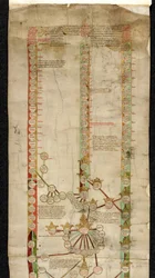 Adicional MS 18268 A, Genealogia de Eduardo Quarto de Inglaterra, mostrando o seu título às coroas de Gales, França, e Inglaterra, em três linhas de descida.