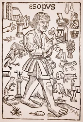 Esopo, frontispício de Aesops Fables por William Caxton (c.1422-91), 1434 (foto sépia)