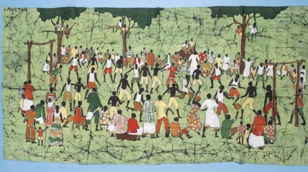 Batik Africano, ilustrando e jogo de futebol com os espectadores assistindo (têxtil)