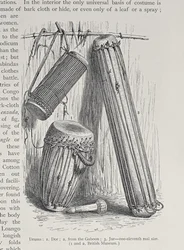 Tambores africanos, de "A História da Humanidade", Vol.III, pelo Prof. Friedrich Ratzel, 1898