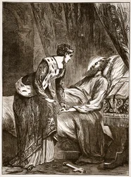 Alice Perrers no leito de morte de Edward III, ilustração da história ilustrada de Cassells da Inglaterra (foto sépia)