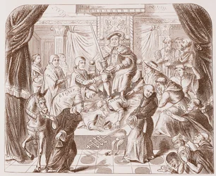 Imagem alegórica de Henrique VIII atropelando o papa Clemente, de uma gravura antiga no Museu Britânico