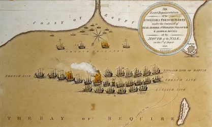 Uma representação exata das frotas inglesas e francesas sob o comando do contra-almirante Nelson na foz do Nilo (gravura colorida)