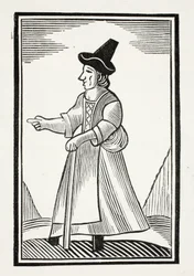Uma mulher adulta que Scolding em um chapéu alto de Crownd, ilustração dos Chap-livros do século XVIII por John Ashton, bar. 1882