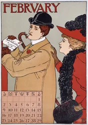 Um casal elegante (o homem afixa uma carta), imagem do calendário inglês, mês de Fevereiro, n.d. final do século XIX.