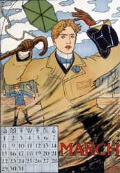 Um homem elegante a lutar contra o vento - Imagem do calendário inglês, Março, final do século XIX