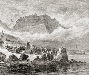 Um serviço ao ar livre na Ilha de Skye, Hébridas Interiores, de "Fotos escocesas desenhadas com caneta e lápis", de Samuel G. Green, publicado em 1886
