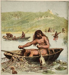 Um britânico antigo no seu barco, pub. 1890 (litografia a cores)