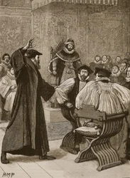 Andrew Melville antes do Conselho Privado escocês, ilustração da história ilustrada de Cassells da Inglaterra (foto sépia)