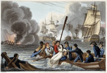 Anecdote a Trafalgar em "Historical, military and naval anecdotes and incidents that arrived at the arms of Great Britain and their allies, ending in Waterloo" de Edward Orme. Ilustrado por Fry, Sutherland, Clark, Dubourg, W.Heart, JA, Atkinson... Ed. 1819