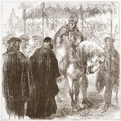 Arcebispo Arundel em Oxford, ilustração da história do protestantismo por James Aitken Wylie (1808-1890), bar. 1878