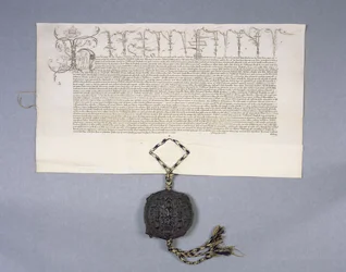 Arquivo 11980: Concessão de registro de carta pelo rei Henrique VI a New College Oxford das propriedades de Newton Longville, 1441 (tinta em pergaminho)