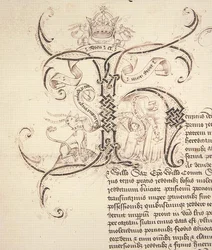 Arquivo 11980: H inicial condecorado, da concessão de um contrato de fretamento real pelo Rei Henrique VI para o New College Oxford das fazendas de Newton Longville