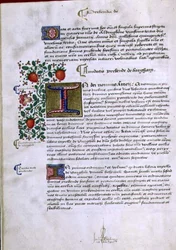 Arquivo 9432 f.19v Página de texto com "I" inicial iluminado, do Livro de Fundações de Robert Sherborne ou Shirburn (c.1450-1536) Bispo de Chichester (vellum)