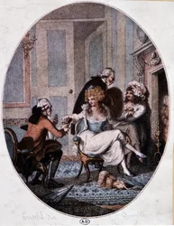 Aristocrata e cura na companhia de prostitutas - Gravura em inglês