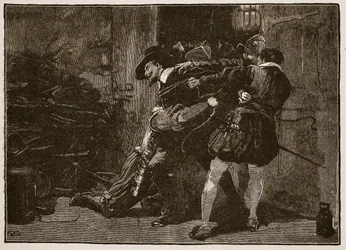 Detenção de Guy Fawkes, ilustração da História Ilustrada de Cassells da Inglaterra (foto sépia)