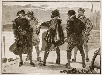 Detenção de Sir Walter Raleigh, ilustração de Cassells Illustrated History of England (foto em sépia)