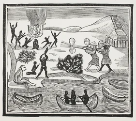 Chegada dos selvagens com prisioneiro cristão, ilustração dos Chap-livros do século XVIII por John Ashton, bar. 1882