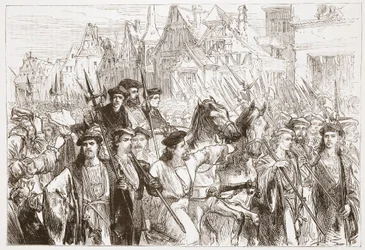 Chegada dos teólogos de Wittemberg em Leipsic, ilustração da História do Protestantismo por James Aitken Wylie (1808-1890), pub. 1878