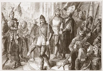 Como eles estavam levando-o para fora da igreja .. ele começou a cantar, Credo em Unum Deum, ilustração de A História do Protestantismo por James Aitken Wylie (1808-1890), pub. 1878