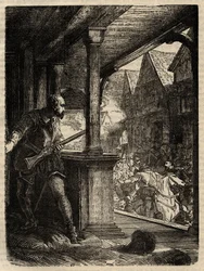 Assassinato do regente Murray (James Stewart Moray) - James Stewart Moray (cerca de 1531-70), regente da Escócia do rei Jaime VI - gravura de „History of England“ por Cassell Petter & Galpin