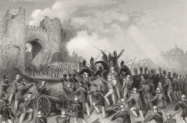Assalto de Deli e captura do Portão da Caxemira em 14 de setembro de 1857, de "A História do Motim Indiano", publicado em 1858