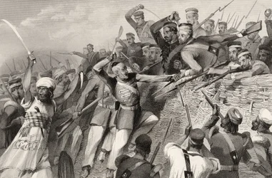 Ataque dos amotinados na Bateria Redan em Luknow, 30 de julho de 1857, de "A História do Motim Indiano", publicado em 1858