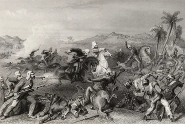 Ataque contra os amotinados de Sealcote pela cavalaria irregular do General Nicholson em 1857, de "A História do Motim Indiano" publicado em 1858