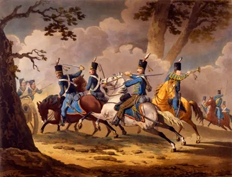 Infantaria Austríaca defendendo sua artilharia de hussardos prussianos, de ações de cavalaria da série dos aliados durante as campanhas napoleônicas publicadas 1799-1802 (litho colorido à mão)