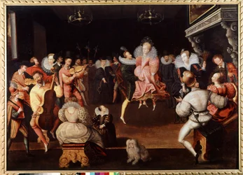 Baile na corte da Inglaterra Músicos e dançarinos. Pintura da escola inglesa do século XVI. Londres, galeria nacional de retratos.